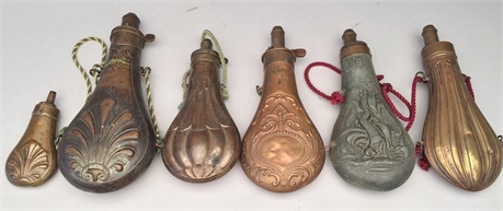 Lot of 6 powder flasks, last half 19th century.