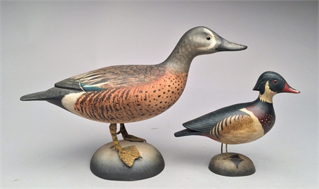Standing bluewing teal drake and a miniature standing wood duck, Ken Kirby.