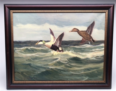 Oil on canvas of flying eiders, Carl Hoyrop (Danish 1893-1961).